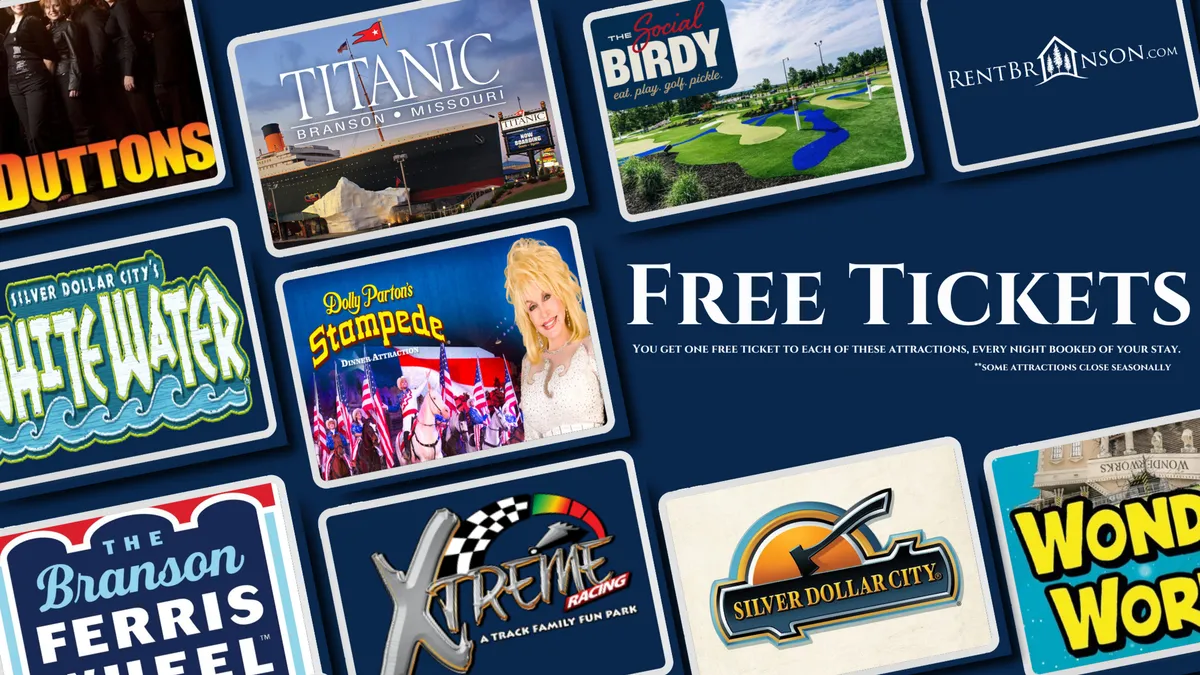 A vibrant image showing Branson attraction logos, colorful attraction cards, and a 'Free Tickets' text, symbolizing the included $400 in attraction tickets for local adventures beyond the recreation room.